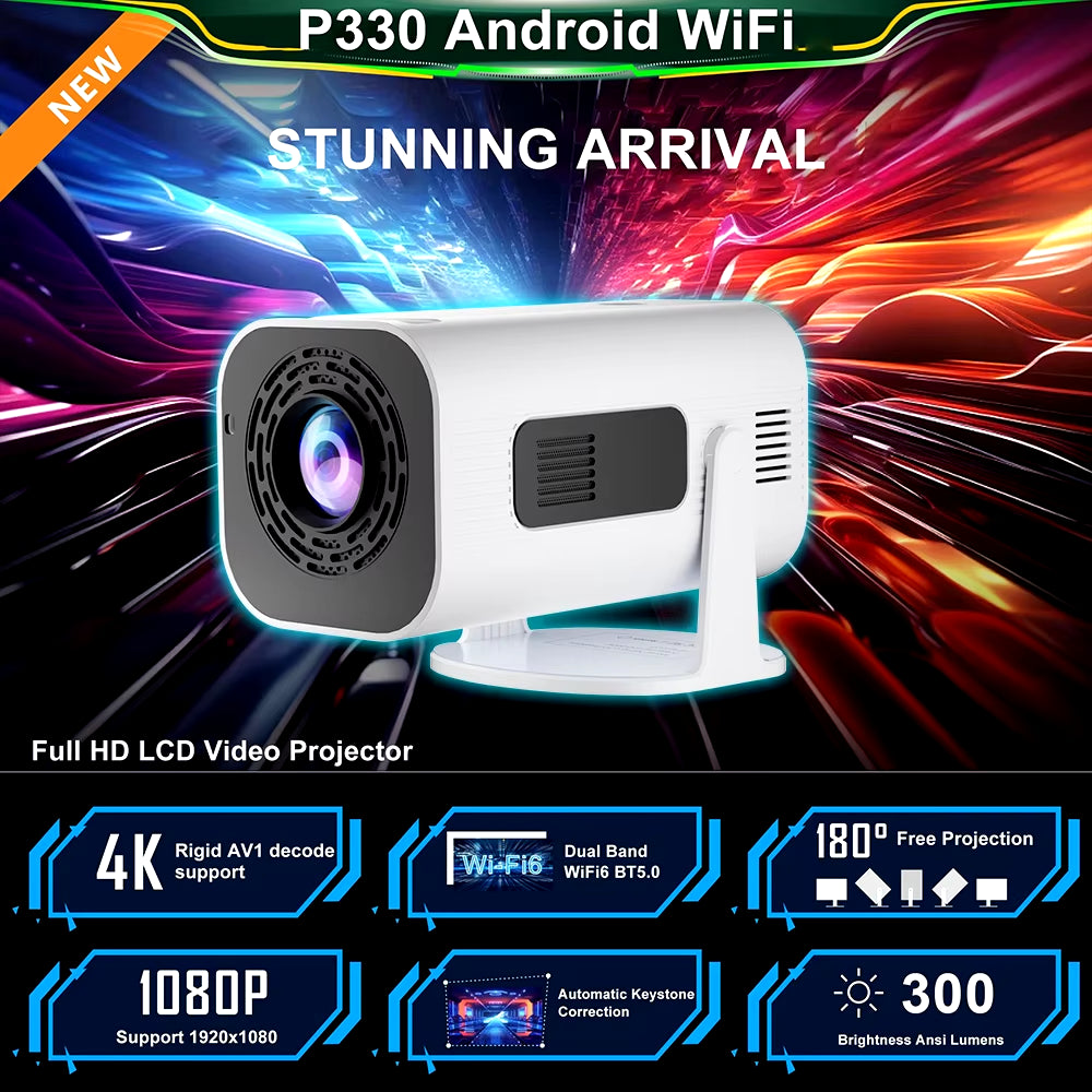 P330 Mini Projetor Android 11 300 ANSI 4K 8K 1080P Wifi6 BT5.0 Home Cinema Portable Projector